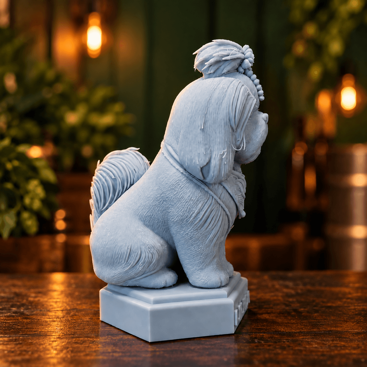 A mesma escultura de shih tzu de perfil, mostrando o pelo do corpo e o rabo enrolado